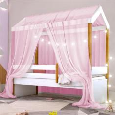 Cama Montessori Cabana com Cordão LED e Dossel Rosa - Mais de Casa