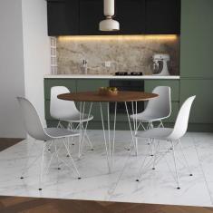 Mesa de Jantar Redonda 90cm Amêndoa Clips 3 Pés com 4 Cadeiras Eames E