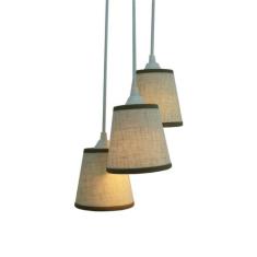 Lustre Pendente Luminária 3 Cúpulas Linho Bege e Bordas em Marrom  - C
