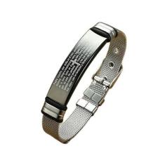 Pulseira Masculina Malha De Aço Oração Pai Nosso Em Espanhol