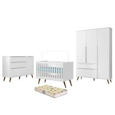 Dormitório Melinda Guarda Roupa, Cômoda e Berço Retrô com Colchão Supreme - Phoenix Baby