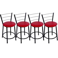 Kit 4 Banquetas Baixas Preta com Encosto Assento Vermelho