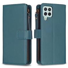 Capa com alça de pulso para Samsung Galaxy A22 4G, 9 compartimentos para cartão, 1 carteira de couro com zíper, fecho magnético com suporte, capa para celular compatível com Samsung A22 4G 6,4