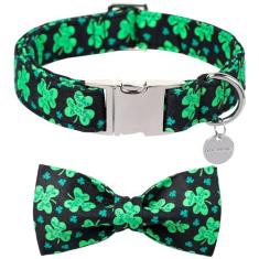 DOGWONG Coleira de cachorro trevo da sorte verde com laço, macia ajustável para o dia de São Patrício com pingente da sorte preta para cães pequenos, médios e grandes