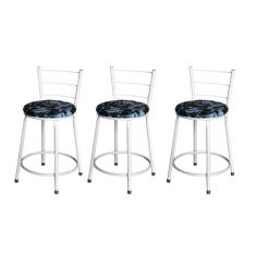 Jogo 3 Banqueta Baixa Para Cozinha Epoxi Branca Estofado Floral - Lama