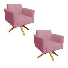 Kit 2 Poltronas Giratória Marisa Suede Rose Base Madeira - DROSSI