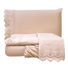 Jogo Cama Lençol Loren Queen Bordado Inglês Micro Percal 300 Fios 4 Pe