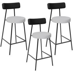 Kit 03 Banquetas Baixa Bar Cozinha Sala Jantar Milão L02 Couríssimo Preto Linho Cinza - Lyam Decor