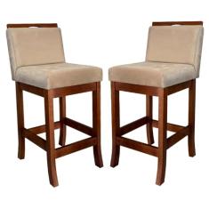 Kit 2 Banquetas Média Estofada para Balcão Turim Madeira Castanho Suede Bege CCS
