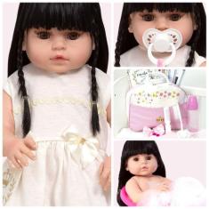 Boneca Reborn Barata Morena Vestido Bege Bolsa Maternidade - Cegonha R