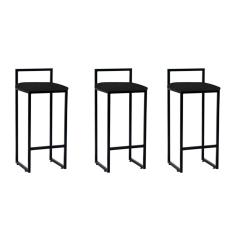 Kit 3 Banquetas Industriais Premium Bar Cozinha Bistrô Em Aço Dori Preta Assento Suede Preto