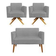 Kit 1 Namoradeira e 2 Poltronas Marisa Suede Grafite Madeira - DROSSI