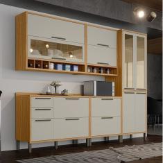 Cozinha Modulada Completa 5 Peças 11 Portas e Vidro Reflecta 274cm 100% Mdf Vicenza Espresso Móveis Amêndoa/Off White