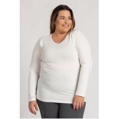 Blusa Feminina Plus Size Manga Longa Cotton Decote "V" - Serena, Off w