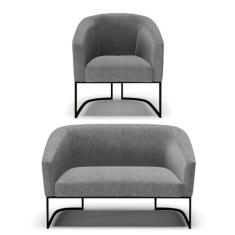 Sofá Namoradeira e Poltrona Base Industrial Preto Stella Linho Grafite