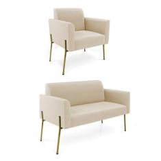 Sofá Namoradeira e Poltrona Pé de Ferro Dourado Marisa Suede Bege - DR