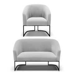 Sofá Namoradeira E 2 Poltronas Base Industrial Preto Stella Suede Cinza D03 - D`rossi