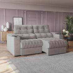 Sofá 230 cm com Porta Copos Retrátil e Reclinável Premier Cinza Claro