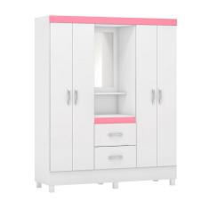 Guarda-Roupa Solteiro com Espelho Embers 4 Portas 2 Gavetas Branco e Rosa