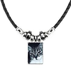 DIYthinker Colar com foto de gato cinza animal, joia com pingente de corda de couro