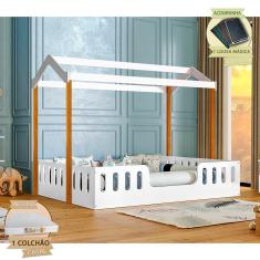 Cama Casal com Colchão D28 Casinha Montessoriana Ágatha Branco/amêndoa Incluso Lousa Mágica