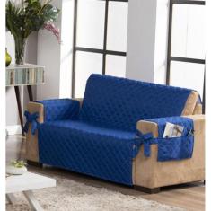Capa De Sofá 2 Lugares Porta Controle E Laço Azul Royal