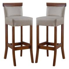 Kit 2 Banquetas Alta com Encosto Estofado Diamantina em Madeira Maciça Imbuia Linho Bege M58 RMI