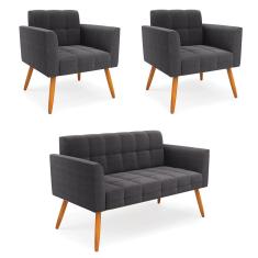 Namoradeira e 2 Poltronas Pé Palito Castanho Elisa Bouclê Grafite D03 - D`Rossi