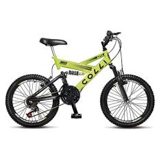 Bicicleta Infantil de Passeio Aro 20 Dupla Suspensão 21 Marchas Freio V-Brake GPS Quadro 15 Aço Amarelo Neon - Colli Bike
