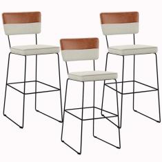 Kit 03 Banquetas Altas Sala Jantar Allana L02 Faixa Corano Camel Linho