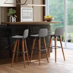 Kit 3 Banquetas Altas Luxo Linea Aço Preto Linho Cinza Base Carvalho 