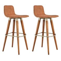 Kit 2 Banquetas Altas Luxo Linea Aço Champanhe Linho Terracota Base Carvalho 