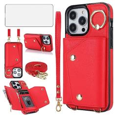Capa de telefone para iPhone 15 Pro 6,1 polegadas capa carteira com protetor de tela e suporte de anel slot para cartão de crédito alça transversal celular iPhone15Pro 5G i i-Phone i15 iPhone15 15Pro