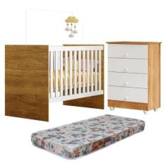 Quarto de Bebê com Berço com Colchão Suporte Life e Cômoda de Bebê 100% Mdf 4 Gavetas Soft Life Branco/madeirado Ypê