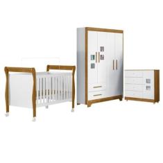 Quarto de Bebê com Berço Mini Cama Slim, Cômoda 1 Porta 4 Gavetas e Roupeiro 4 Portas 2 Gavetas Branco/madeirado Ypê
