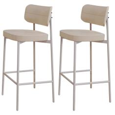 Kit 02 Banquetas Alta Bar Cozinha Sala De Jantar Aço Branco Kaira C01 Linho Areia - Lyam Decor
