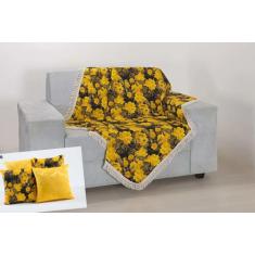 Kit Manta Xale Para Sofá Grande Retrátil + Capas de Almofada Amarela -