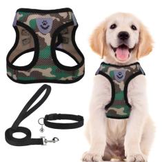 PUPTECK Conjunto de coleira e coleira ajustável para cães, sem puxão, para cães pequenos, médios e gatos, caminhada ao ar livre, corrida, colete refletivo acolchoado de malha macia