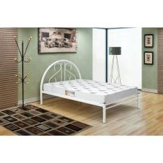 Cama Casal de Ferro Tubular Branca E Estrado Em Pinus Marcheli 022