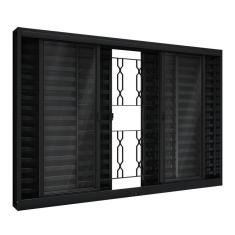 Janela de Aço Veneziana de Correr Central com Grade Mosaico 6 Folhas 100x150cm Aço Pronto Riobras Preto