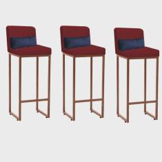 Kit 03 Banqueta Alta com Encosto Lucca Industrial Cozinha Balcão Ferro Bronze Sintético Vermelho e Almofada Azul Marinho - Ahazzo Móveis