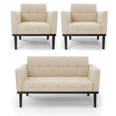 Sofá Namoradeira E 2 Poltronas Base De Madeira Preto Elisa Suede D03 - D'rossi Cor Bege