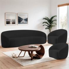 Kit Sofá 3 Lugares 180cm E Poltrona Orgânica Luxo Recepção Amore Linho - Amarena Móveis Cor Preto