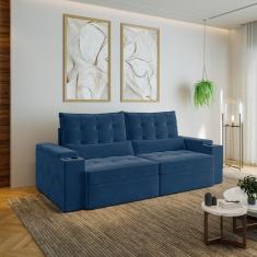 Sofá Retrátil e Reclinável com Porta Copos e Usb 4 Lugares 240cm Embaúba Extra Cabecasa Madeiramadei Azul Diamante
