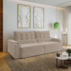Sofá Retrátil e Reclinável com Porta Copos e Usb 4 Lugares 260cm Embaúba Extra Cabecasa Madeiramadei Bege Fosco