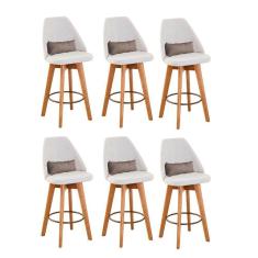 Kit 06 Banquetas Alta Maya Giratória Com Encosto Linho Bege Claro e Almofada Corino Bege - Aurora Line