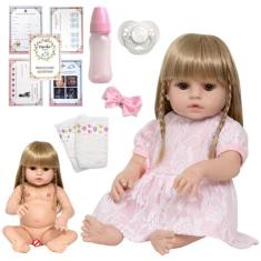 Boneca Tipo Reborn Loira Nicole Olhos Castanhos Vários Itens - Cegonha