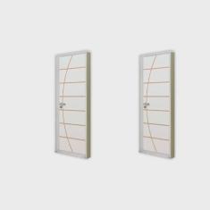 2 Kits Porta de Madeira Decorada 215x75cm com Batente de Aço 6cm Neblina Branco