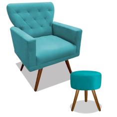 Combo Poltrona Decorativa Julieta com Puff Redondo Pés Madeira Suede Turquesa
