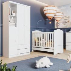 Quarto de Bebê Completo Guarda Roupa 3 Portas 2 Gavetas com Berço 3 em 1 Abracadabra Espresso Móveis Branco